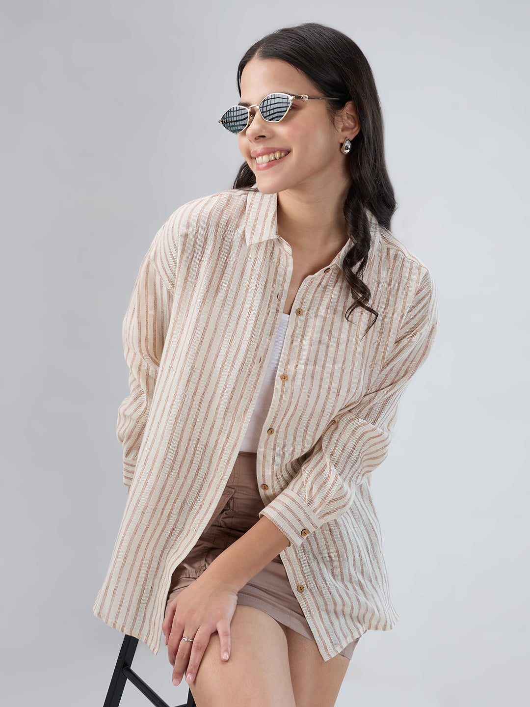 Beige & Brown Striped Burlap Shirt