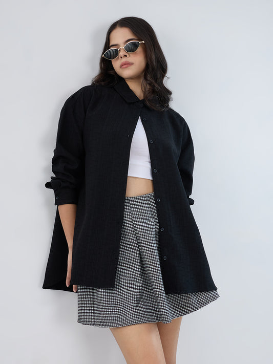 Black Slub Textured Oversized Shirt