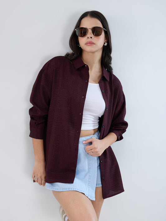 Wine Slub Textured Oversized Shirt