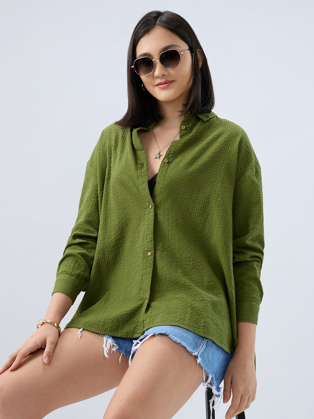 Olive Seersucker Oversized Shirt