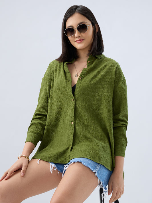 Olive Seersucker Oversized Shirt