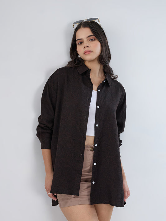 Bistre Brown Artistic Printed Oversized Shirt