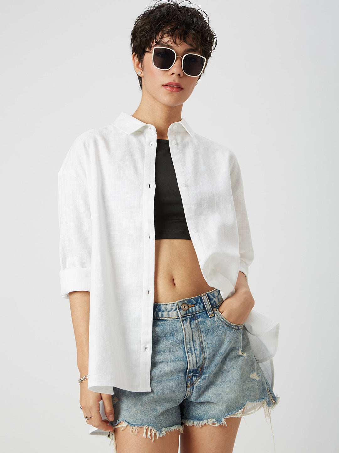 Solid White Textured Oversized Shirt
