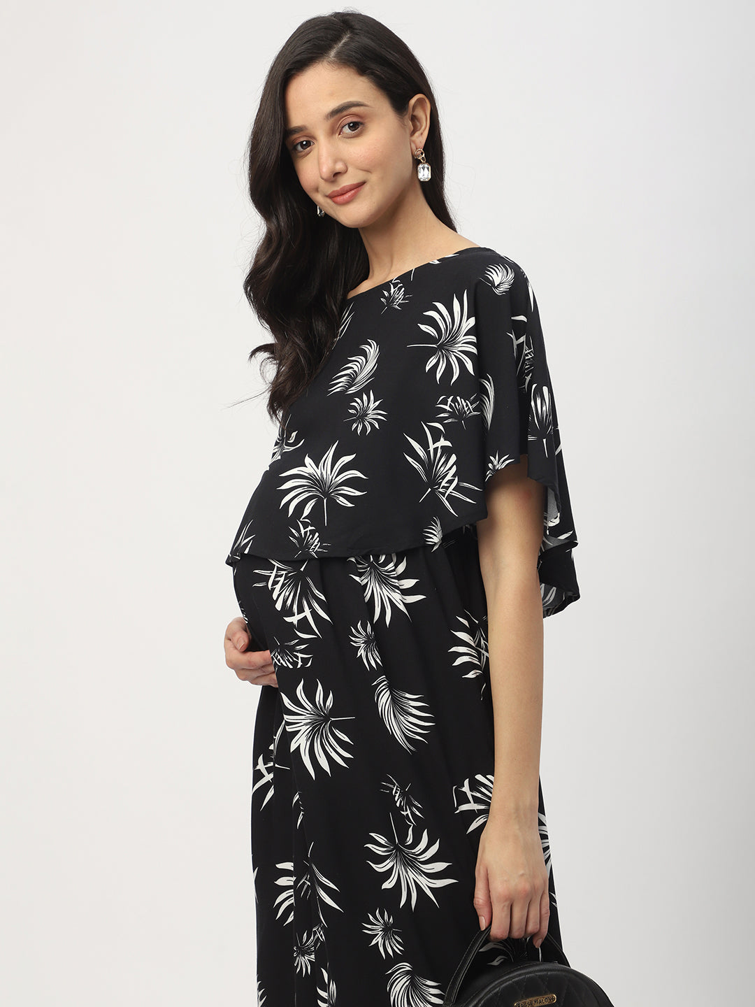 Black Leafy Printed Comfy Maternity Dress
