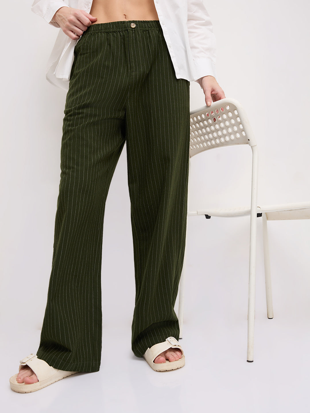 Deep Olive Pin Stripe Wide Leg Trousers