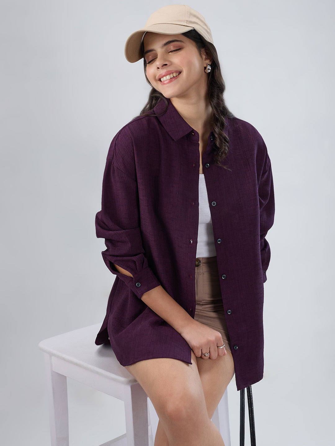 Wine Slub Textured Oversized Shirt