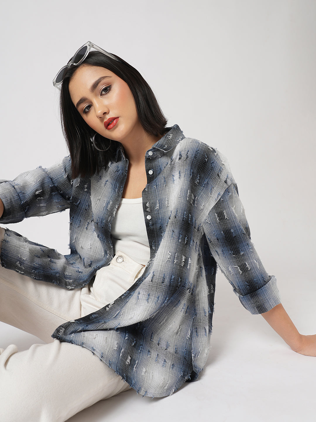 Blue & White Self Design Frayed Oversized Shirt