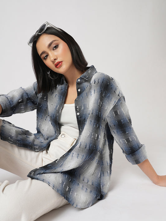 Blue & White Self Design Frayed Oversized Shirt