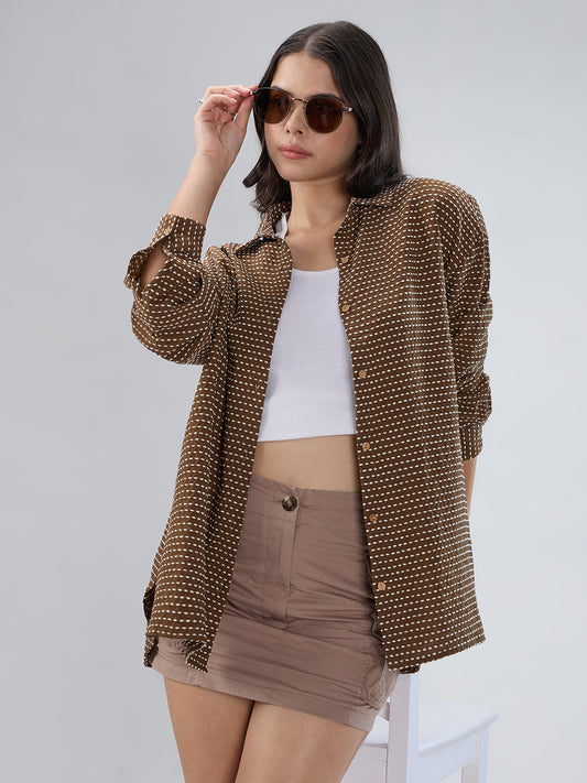 Brunette Brown & Beige Dotted Jacquard Oversized Shirt
