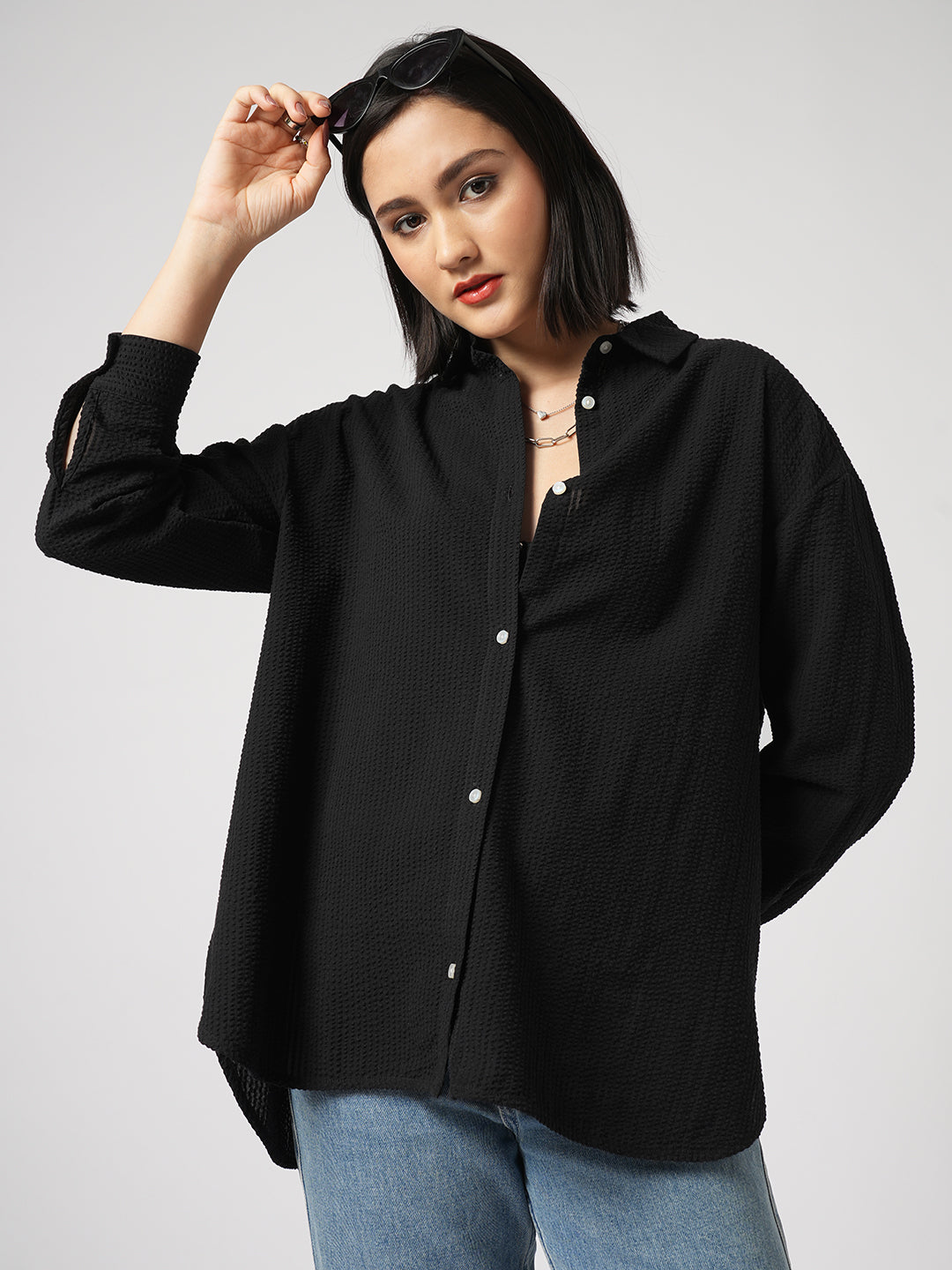 Classic Black Seersucker Oversized Shirt