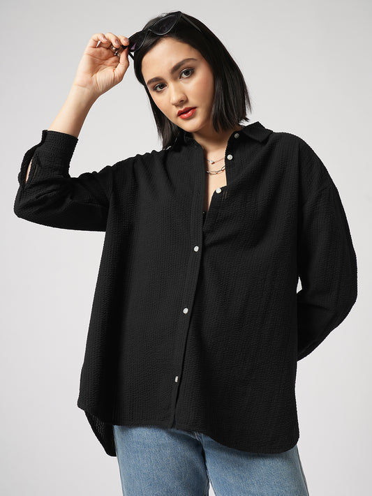 Classic Black Seersucker Oversized Shirt