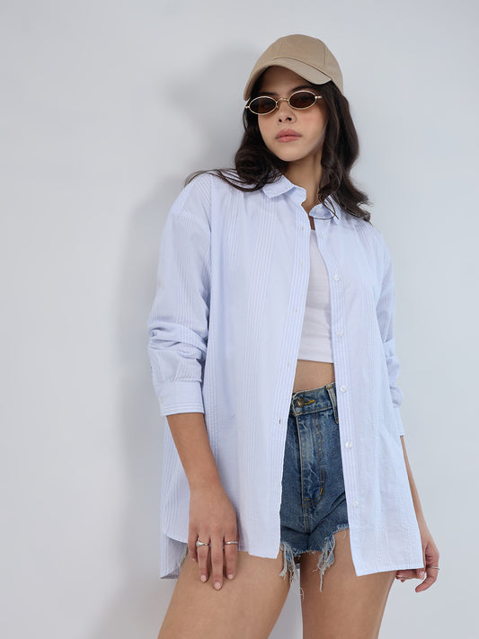 White & Blue Pin Striped Seersucker Oversized Shirt