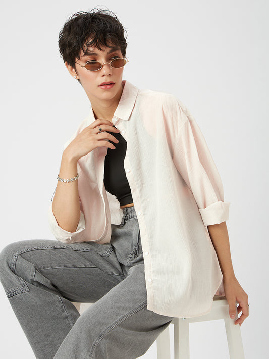 Glittery Beige Crinkled Oversized Shirt