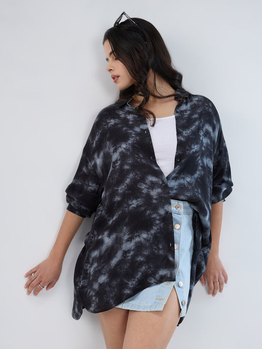Black & Grey Tie- Dye Oversized Crepe Shirt