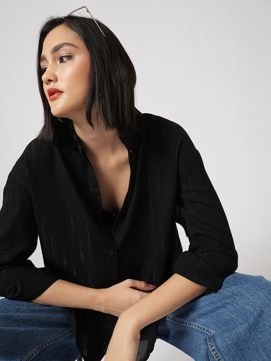 Black Glimmer Striped Oversized Shirt