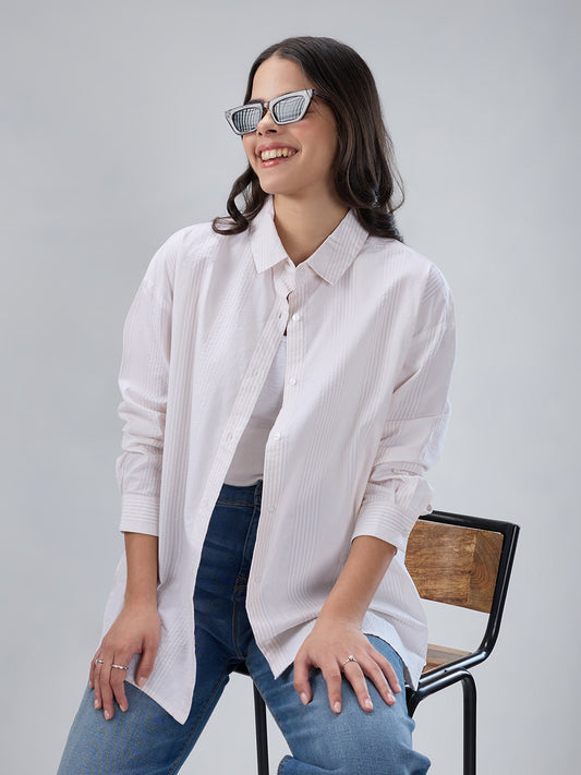 Beige & White Pin Striped Seersucker Oversized Shirt