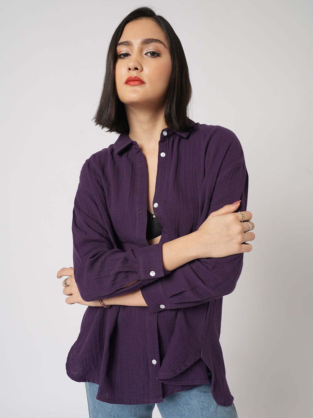 Kalamata Purple Textured Double Cloth Oversized Shirt