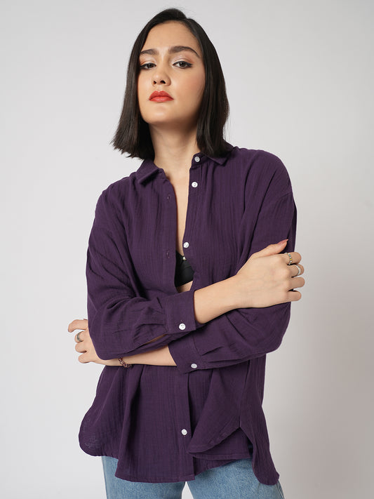 Kalamata Purple Textured Double Cloth Oversized Shirt