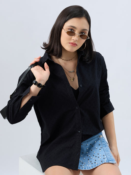 Deep Black Embroidered Oversized Shirt