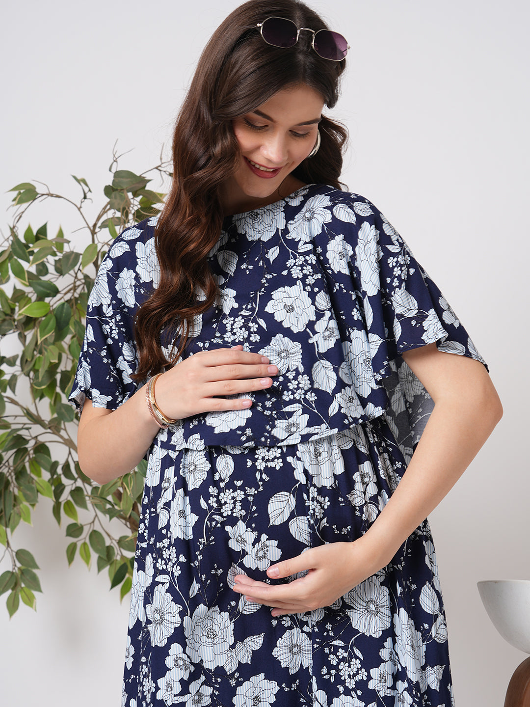 Chic Navy Blossom Printed Comfy Maternity Dress