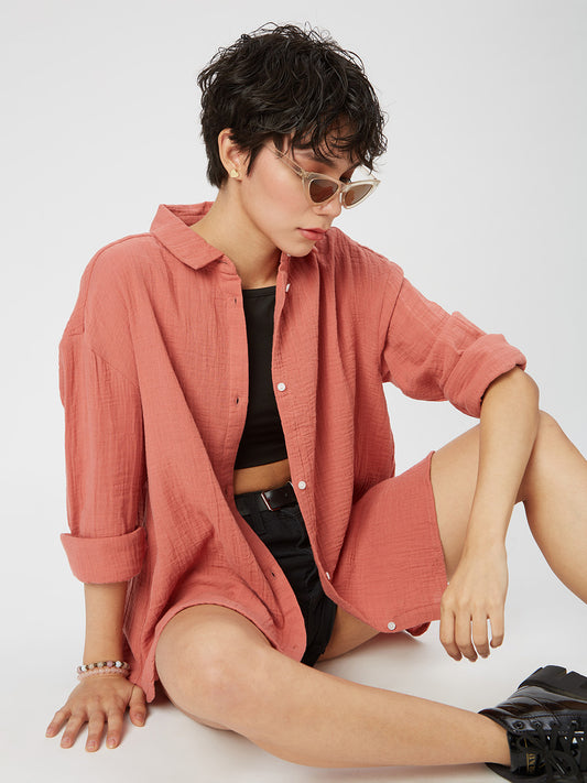 Solid Coral Double Cloth Oversized Shirt