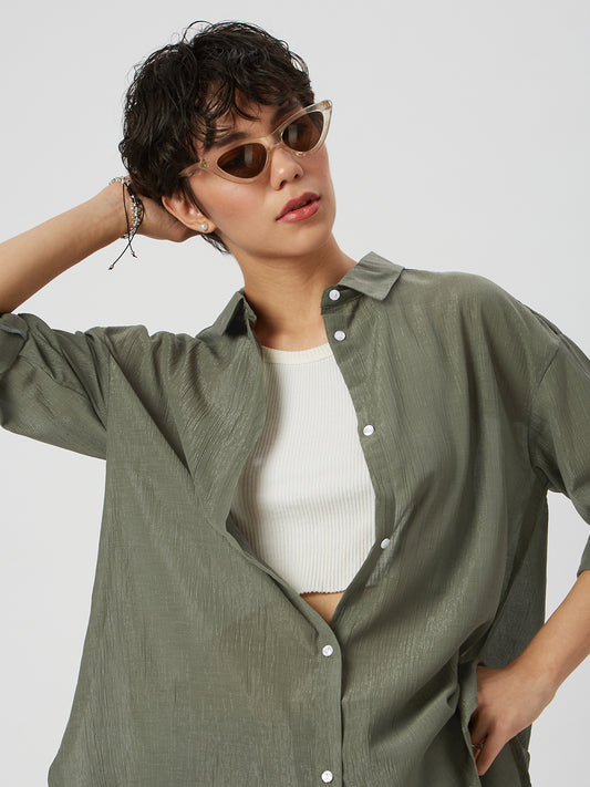 Glittery Olive Crinkled Oversized Shirt