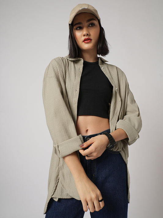 Beige Textured Oversized Shirt