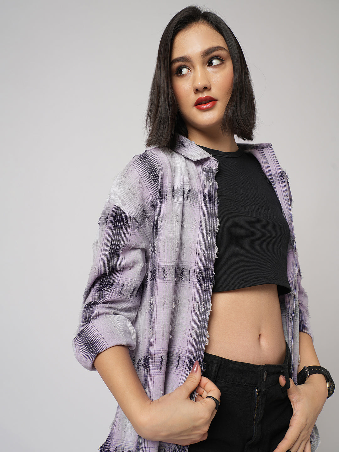 Multicolor Self Design Frayed Oversized Shirt