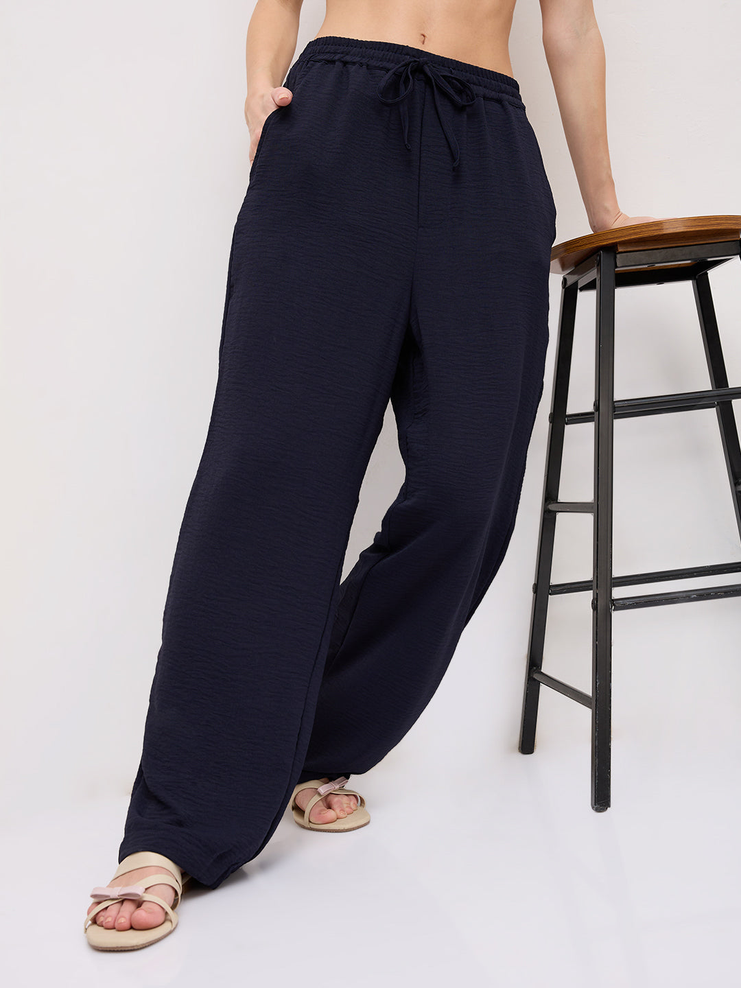 Luxe Midnight Navy Crinkled Straight Fit Trousers