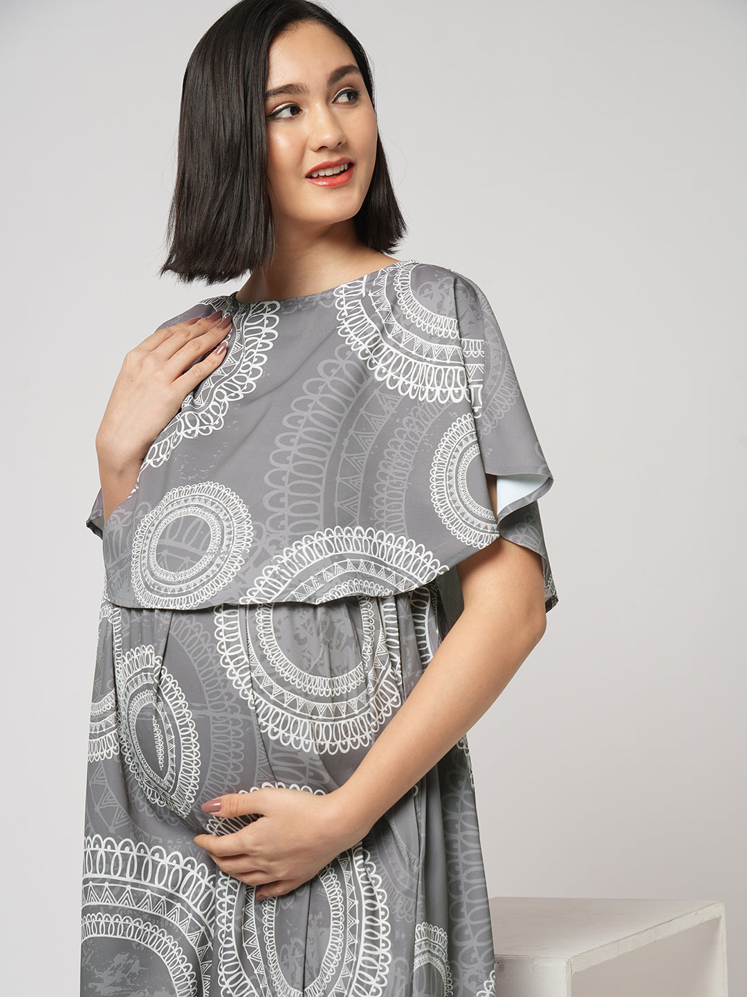 Cloud Grey Mandala Printed Maternity Dress