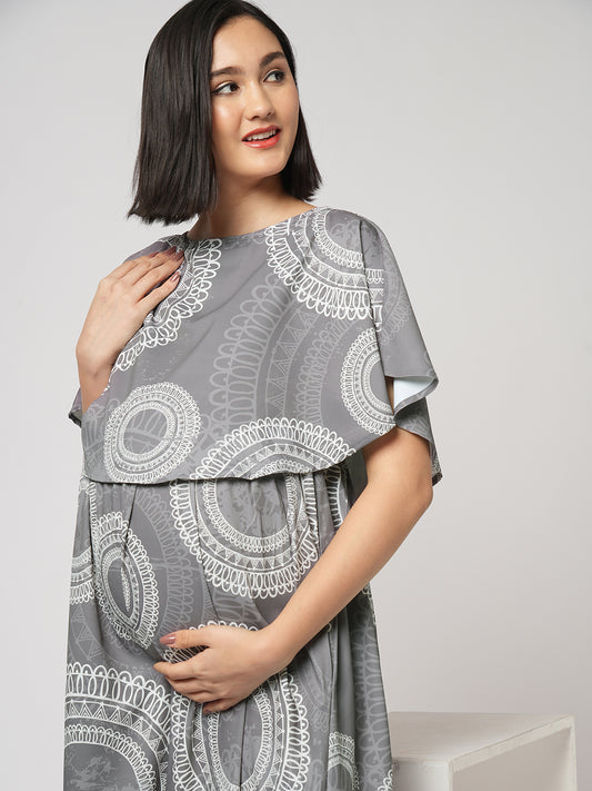 Cloud Grey Mandala Printed Maternity Dress
