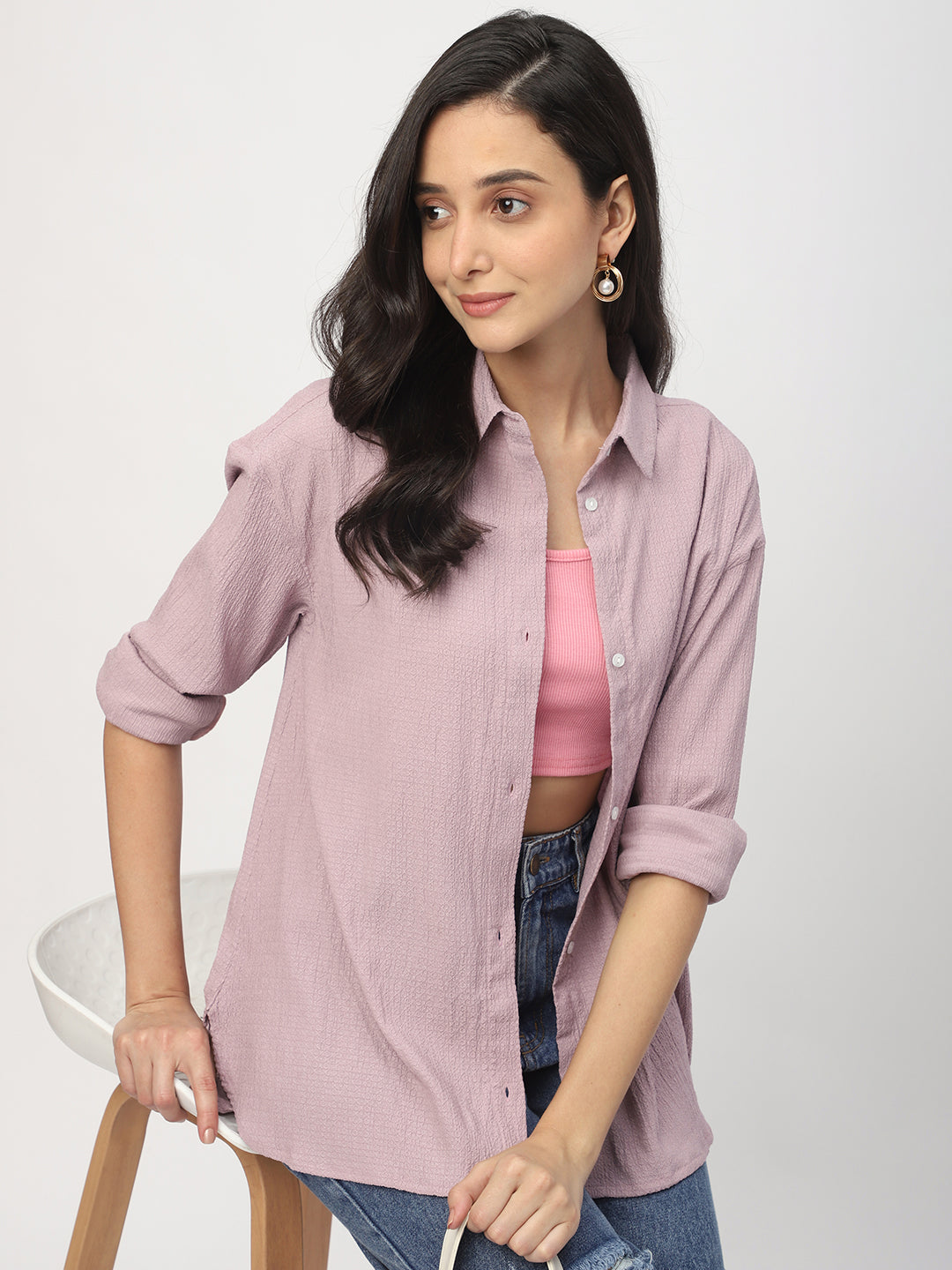 Lilac Jacquard Crinkled Oversized Shirt
