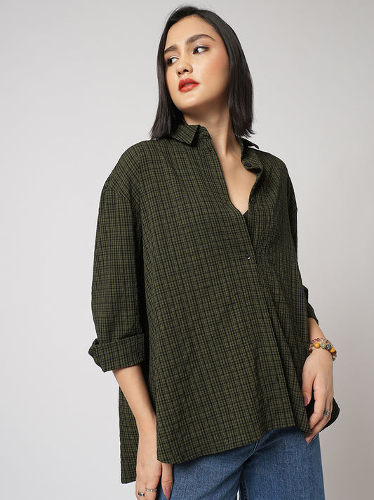 Reseda Green Vintage Mini Checks Oversized Shirt