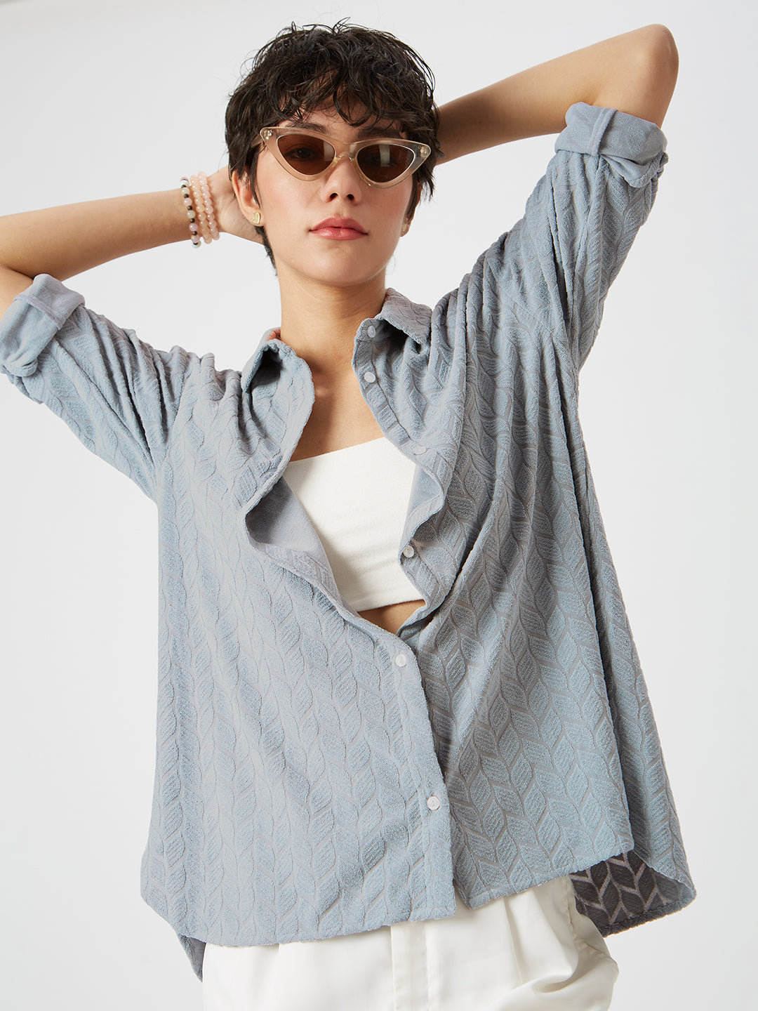 Glacier Grey Leaf Embossed Oversized Shirt