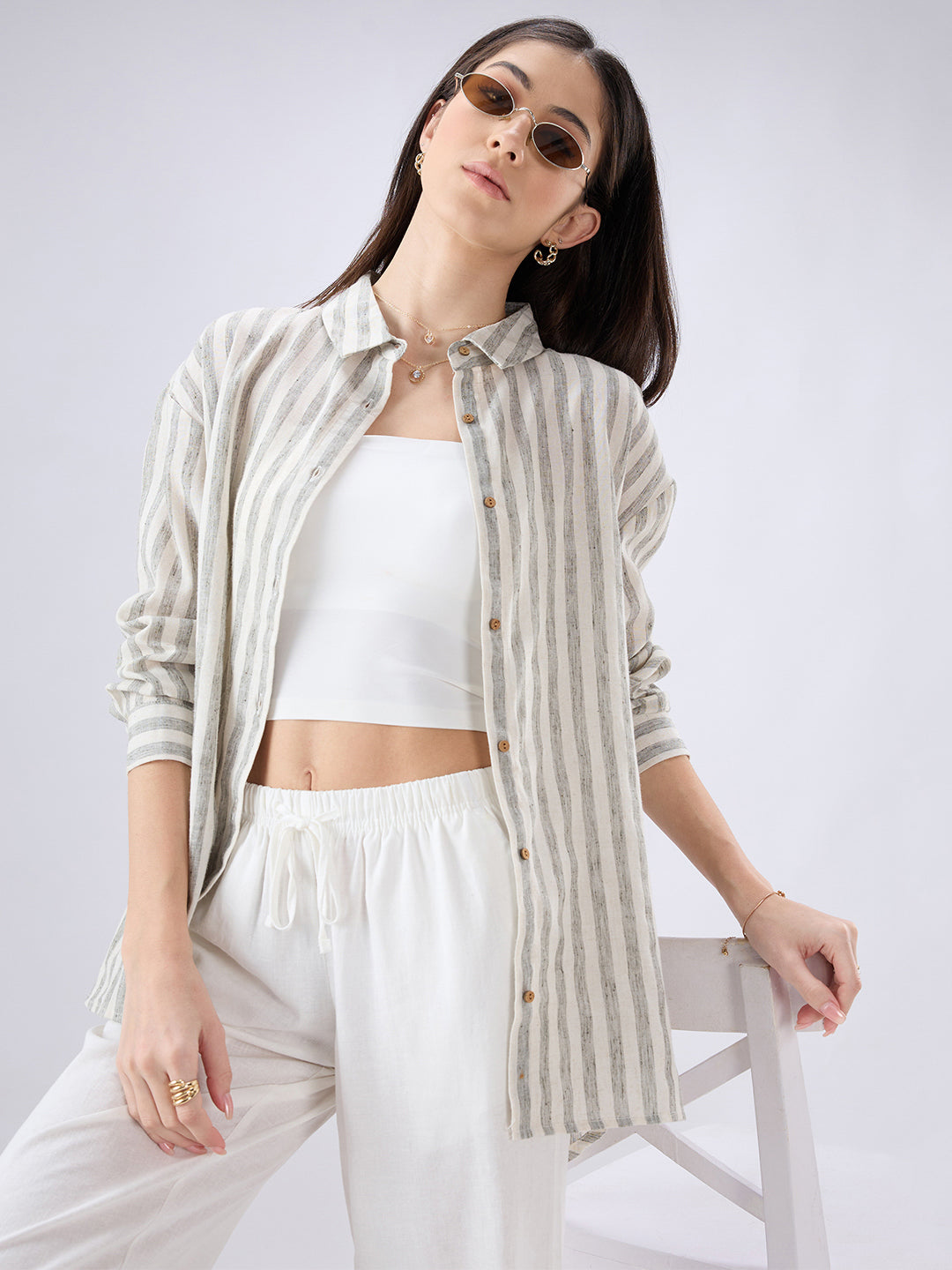 White & Blue Balanced Striped Linen Blend Oversized Shirt