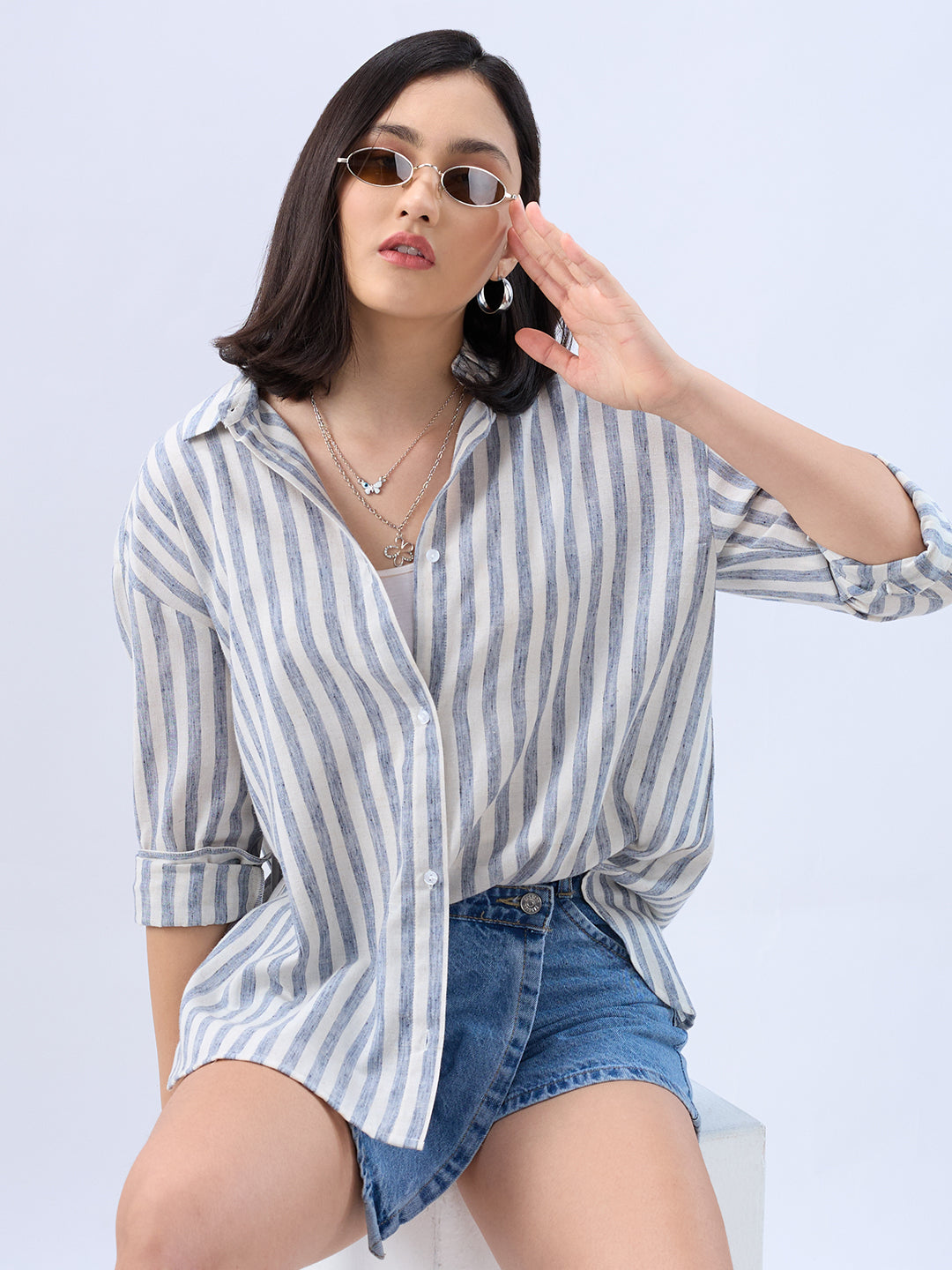 Cream and Blue Balanced Stripe Oversized Shirt