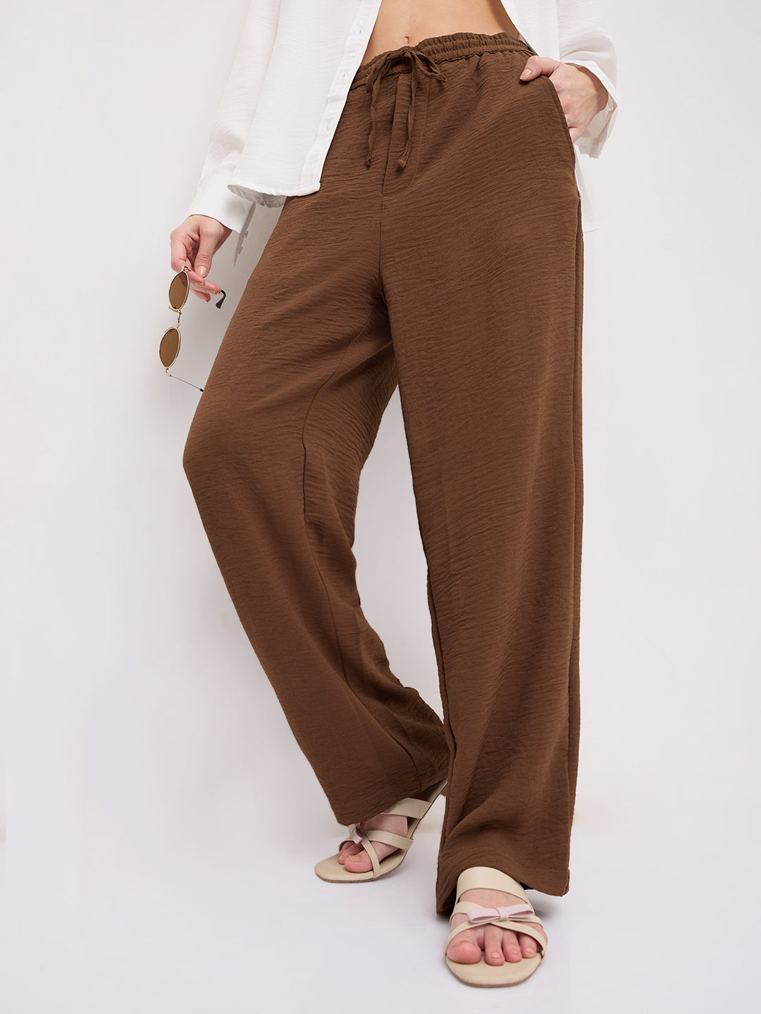 Mocha Brown Crinkled Straight Fit Trousers