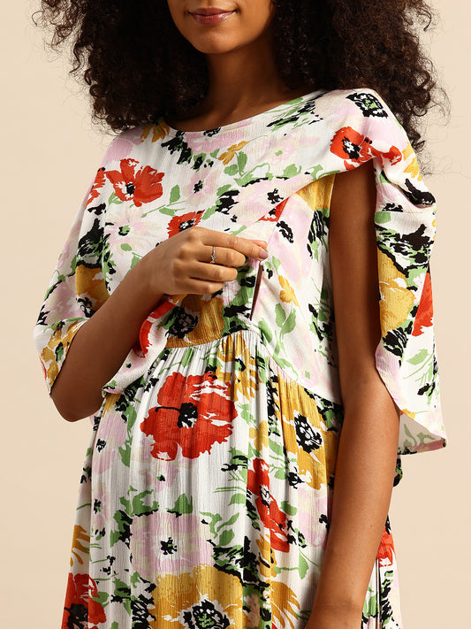 Artistic Multicolor Floral Printed Crepe Maternity Dress