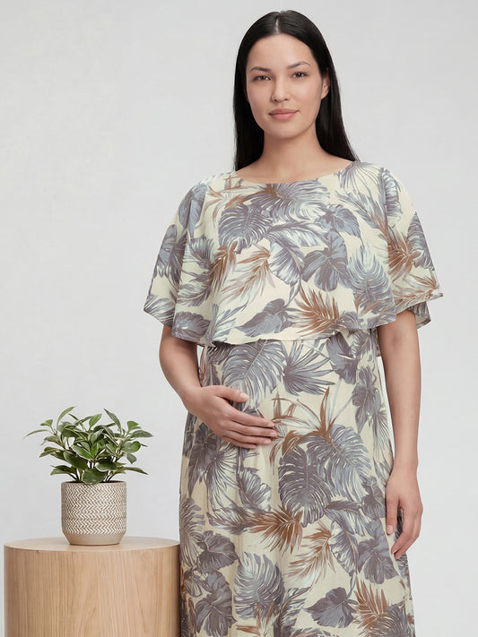 Beige Palm Leaf Tropical Printed Maternity Dress