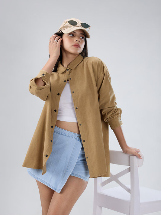 Solid Tan Beige Corduroy Oversized Shirt