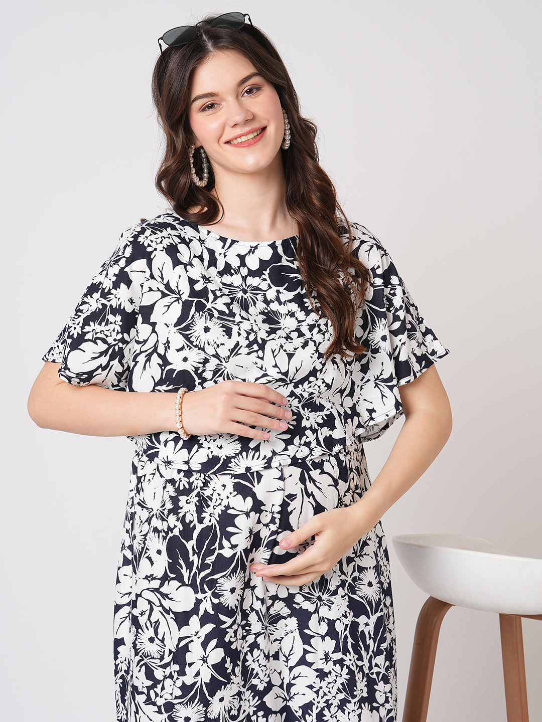 Monochrome Bloom Printed Maternity Dress