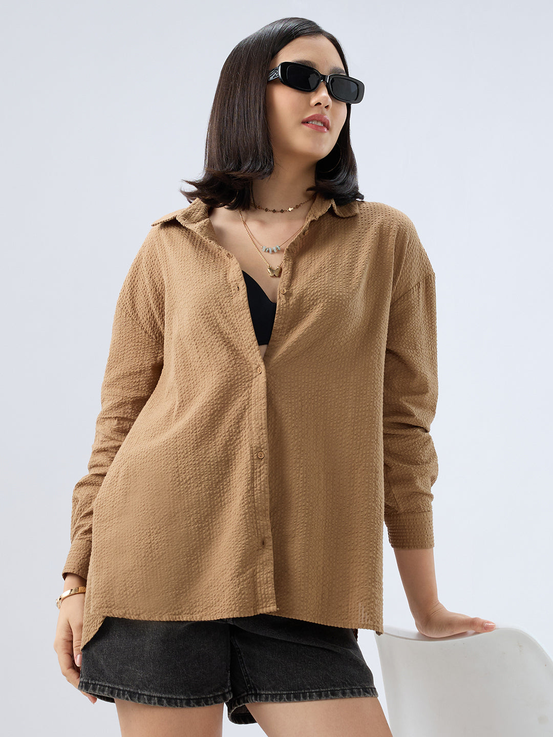 Tan Beige Seersucker Oversized Shirt