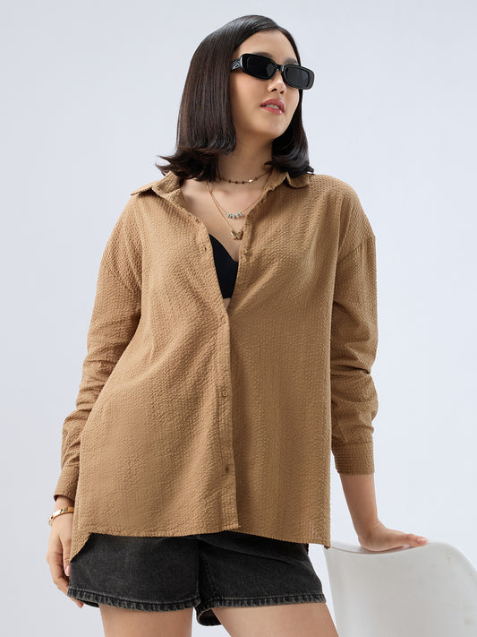 Tan Beige Seersucker Oversized Shirt