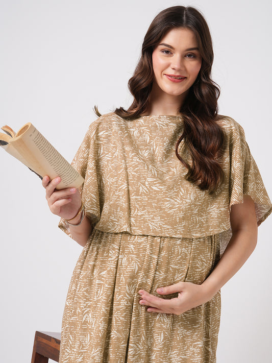Tawny Brown Leafy Printed Maternity Dress