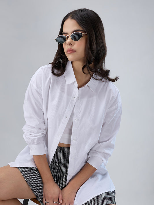 White & Lilac Pin Striped Seersucker Oversized Shirt