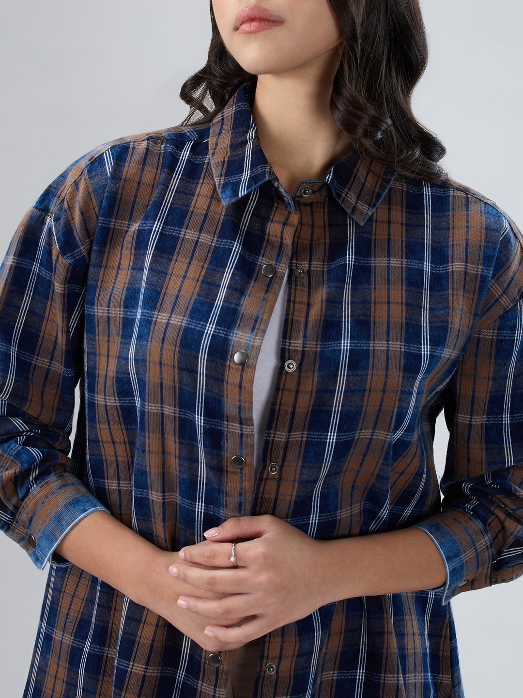 Navy & Brown Tartan Checked Corduroy Oversized Shirt