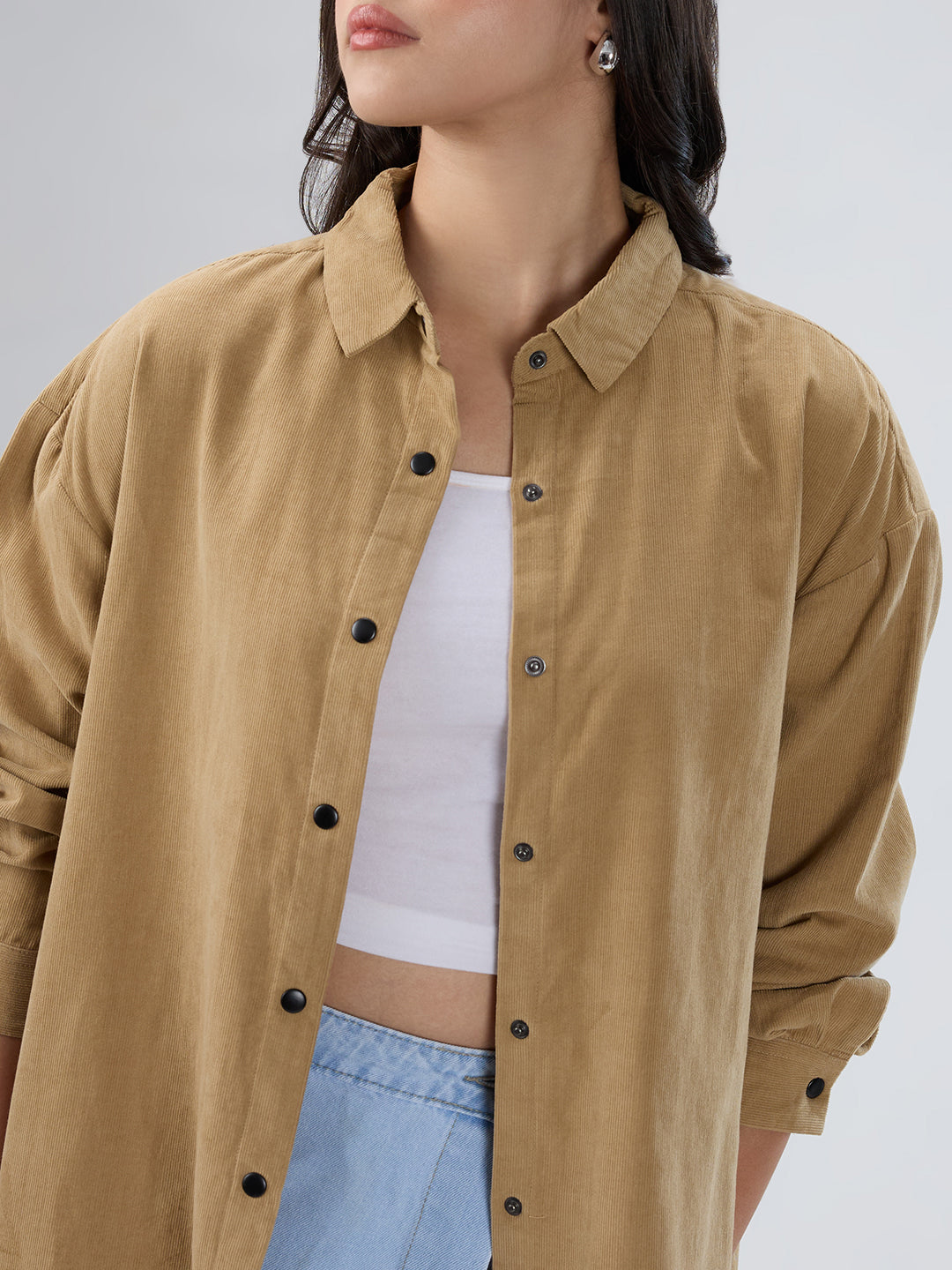 Solid Tan Beige Corduroy Oversized Shirt