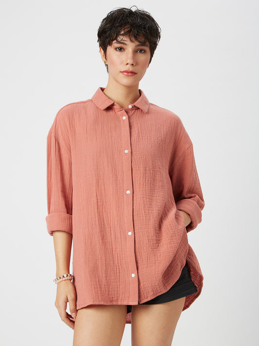 Solid Coral Double Cloth Oversized Shirt
