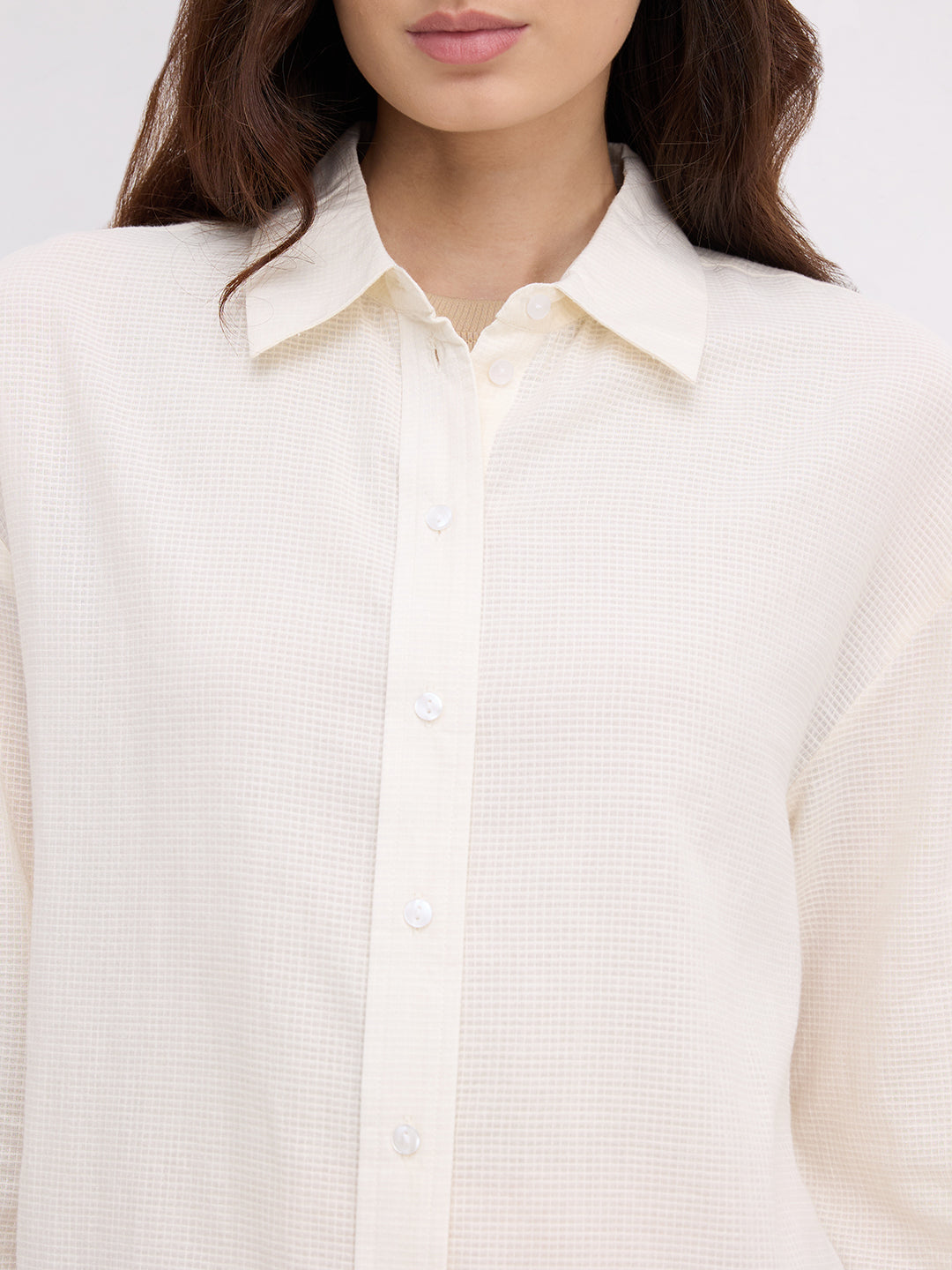 Off White Micro Checked Sheer Textured Oversized Shirt