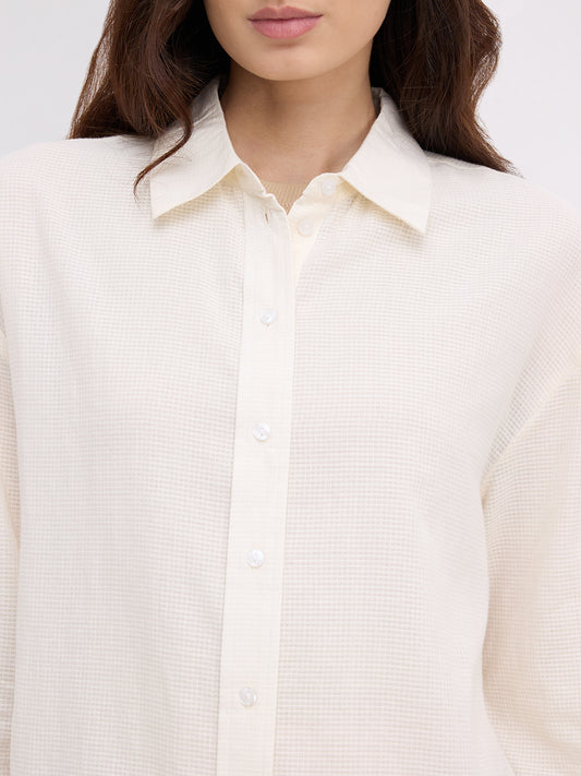 Off White Micro Checked Sheer Textured Oversized Shirt